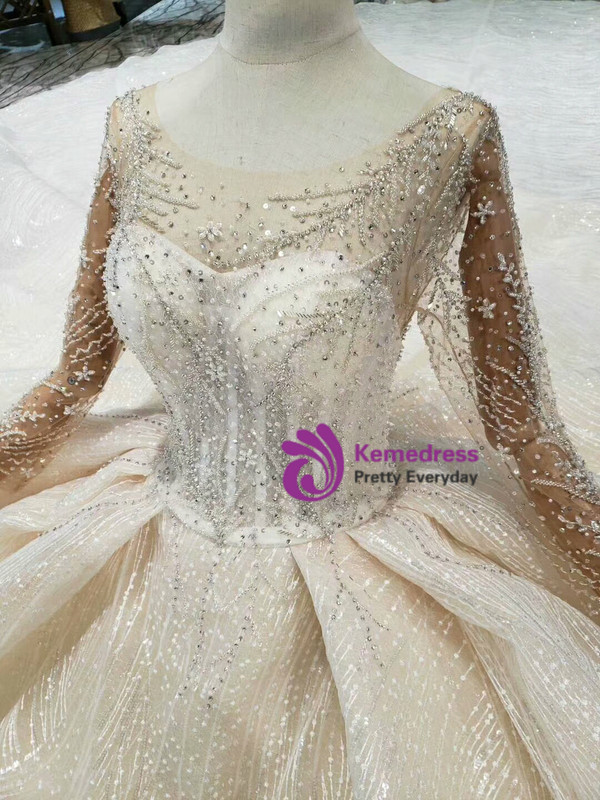 Shop 2019 Long & Short Champagne Tulle Sequins Bateau Long Sleeve Backless Wedding Dress With Factory Price From Kemedress
