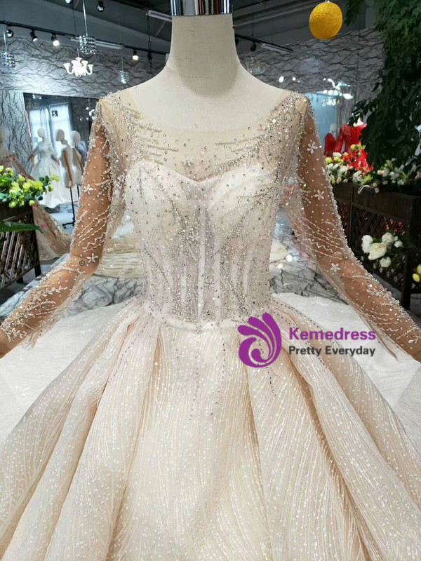 Shop 2019 Long & Short Champagne Tulle Sequins Bateau Long Sleeve Backless Wedding Dress With Factory Price From Kemedress