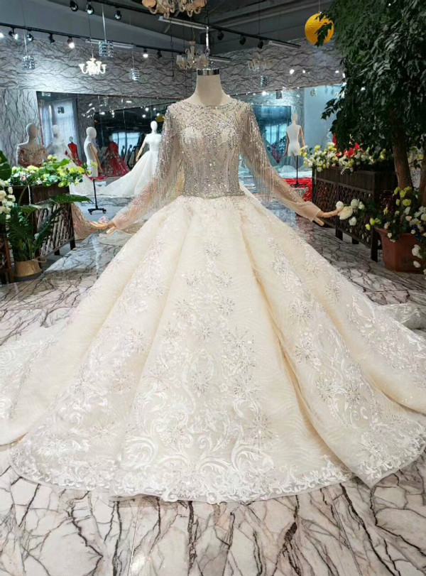 Shop 2019 Long & Short Champagne Tulle Lace Long Sleeve Wedding Dress With Beading Crystal With Factory Price From Kemedress