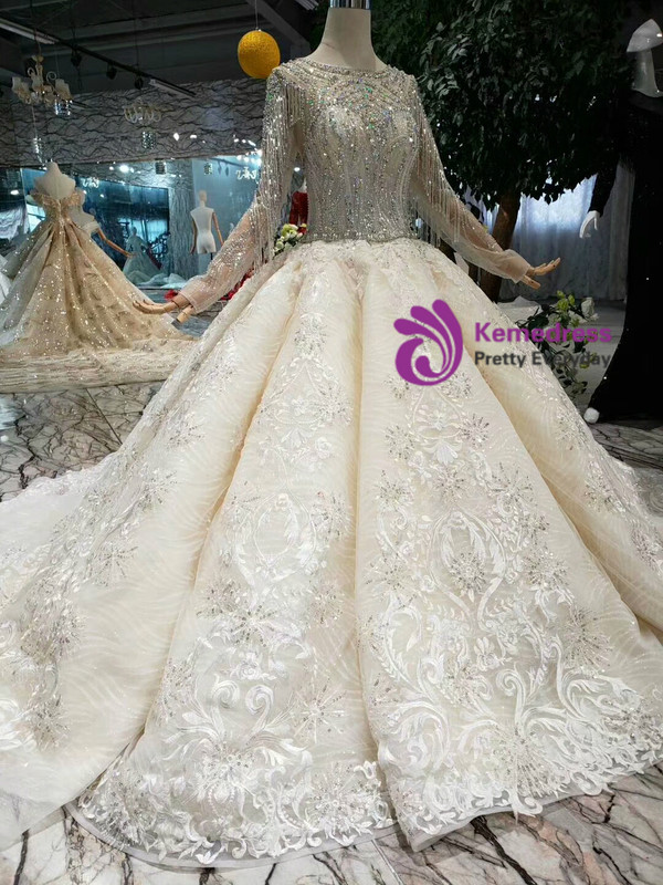 Shop 2019 Long & Short Champagne Tulle Lace Long Sleeve Wedding Dress With Beading Crystal With Factory Price From Kemedress