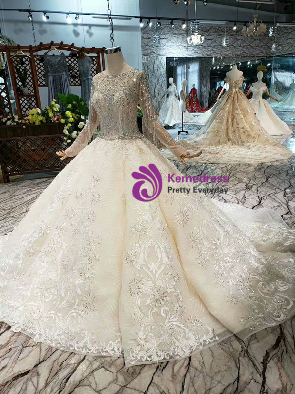 Shop 2019 Long & Short Champagne Tulle Lace Long Sleeve Wedding Dress With Beading Crystal With Factory Price From Kemedress