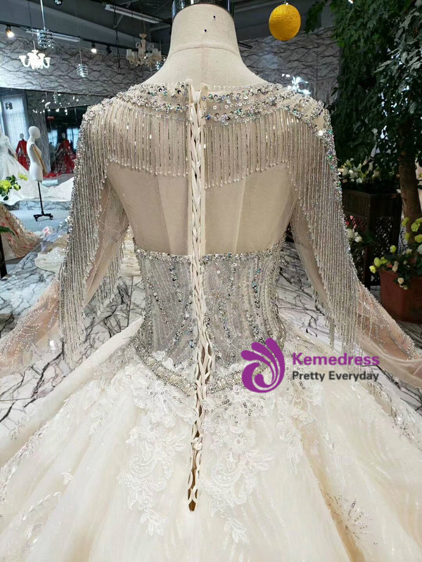 Shop 2019 Long & Short Champagne Tulle Lace Long Sleeve Wedding Dress With Beading Crystal With Factory Price From Kemedress