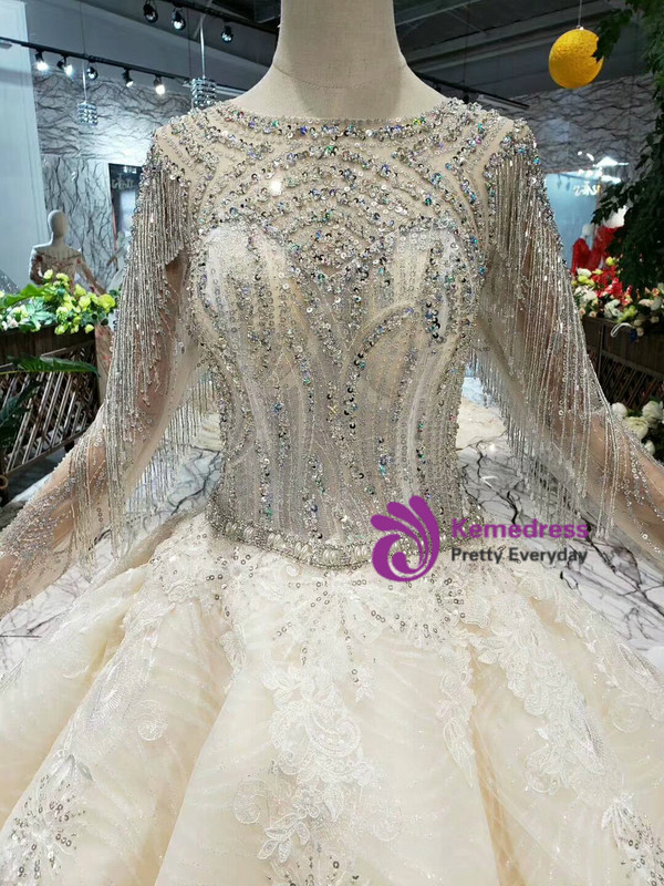 Shop 2019 Long & Short Champagne Tulle Lace Long Sleeve Wedding Dress With Beading Crystal With Factory Price From Kemedress
