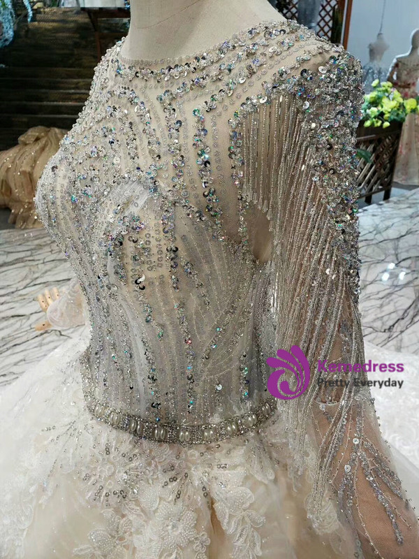 Shop 2019 Long & Short Champagne Tulle Lace Long Sleeve Wedding Dress With Beading Crystal With Factory Price From Kemedress