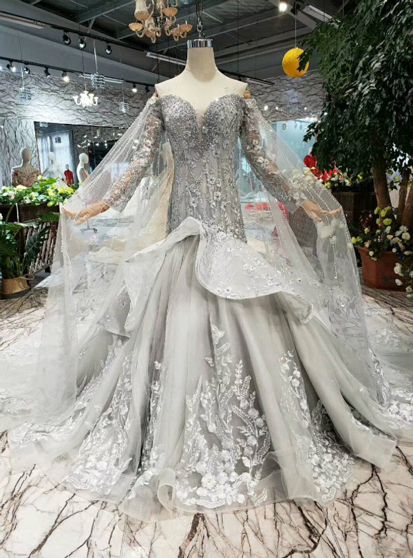 Shop 2019 Long & Short Gray Mermaid Tulle Appliques Off The Shoulder Long Sleeve Wedding Dress With Factory Price From Kemedress