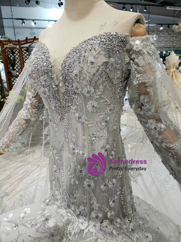 Shop 2019 Long & Short Gray Mermaid Tulle Appliques Off The Shoulder Long Sleeve Wedding Dress With Factory Price From Kemedress