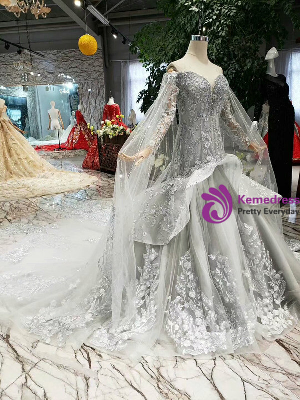 Shop 2019 Long & Short Gray Mermaid Tulle Appliques Off The Shoulder Long Sleeve Wedding Dress With Factory Price From Kemedress
