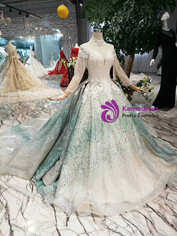 Shop 2019 Long & Short Champagne Ball Gown Tulle Green Sequins High Neck Long Sleeve Appliques Wedding Dress With Factory Price From Kemedress