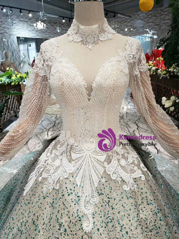 Shop 2019 Long & Short Champagne Ball Gown Tulle Green Sequins High Neck Long Sleeve Appliques Wedding Dress With Factory Price From Kemedress
