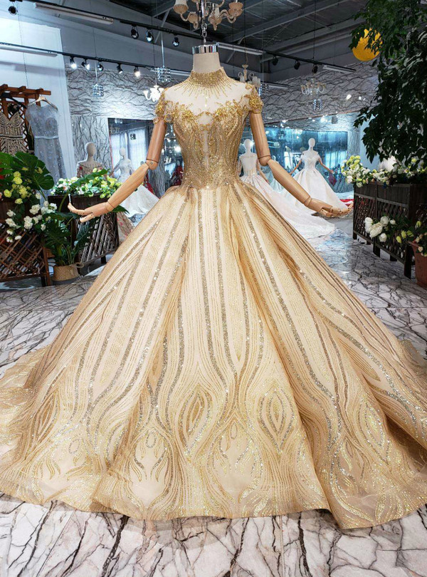Shop 2019 Long & Short Gold Ball Gown Sequins High Neck Backless Beading Wedding Dress With Factory Price From Kemedress