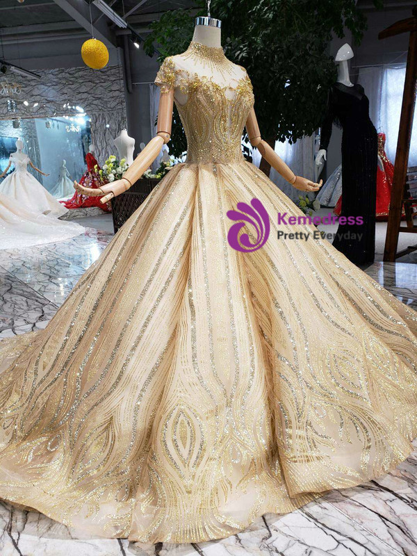 Shop 2019 Long & Short Gold Ball Gown Sequins High Neck Backless Beading Wedding Dress With Factory Price From Kemedress