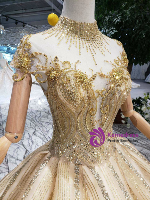 Shop 2019 Long & Short Gold Ball Gown Sequins High Neck Backless Beading Wedding Dress With Factory Price From Kemedress