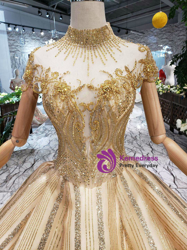 Shop 2019 Long & Short Gold Ball Gown Sequins High Neck Backless Beading Wedding Dress With Factory Price From Kemedress