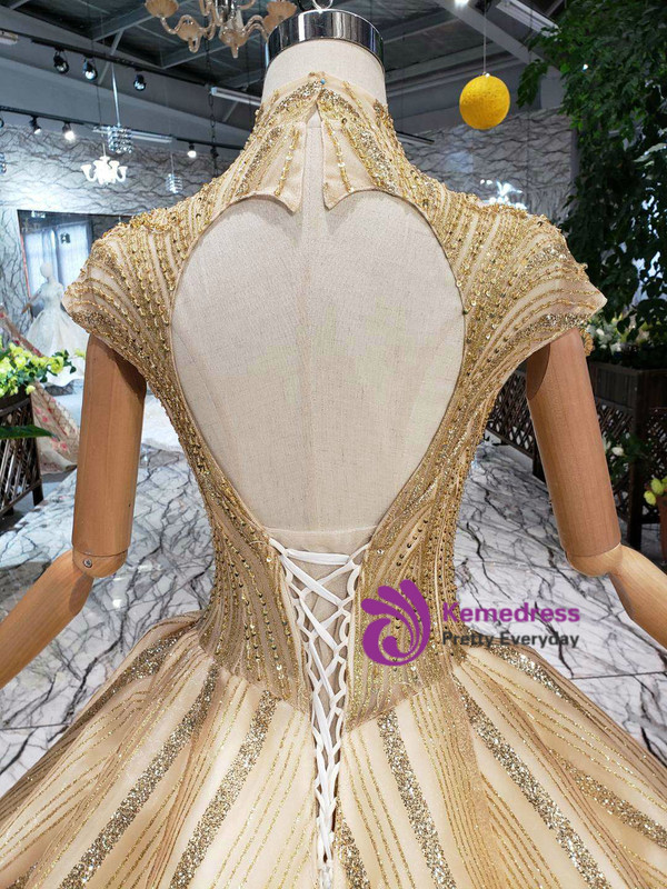 Shop 2019 Long & Short Gold Ball Gown Sequins High Neck Backless Beading Wedding Dress With Factory Price From Kemedress