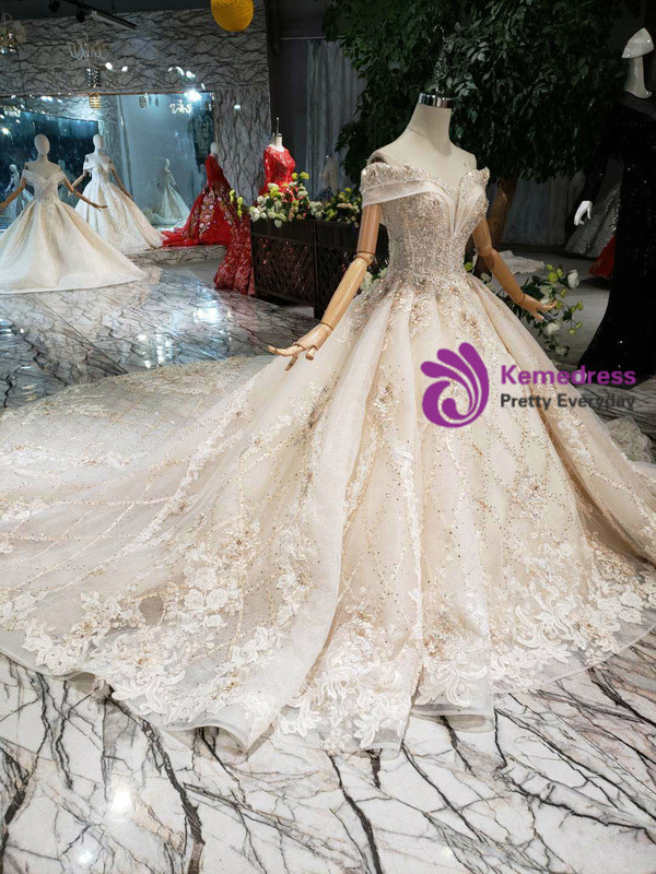 Shop 2019 Long & Short Champagne Tulle Appliques Off The Shoulder Beading Wedding Dress With Long Train With Factory Price From Kemedress