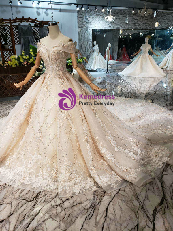 Shop 2019 Long & Short Champagne Tulle Appliques Off The Shoulder Beading Wedding Dress With Long Train With Factory Price From Kemedress