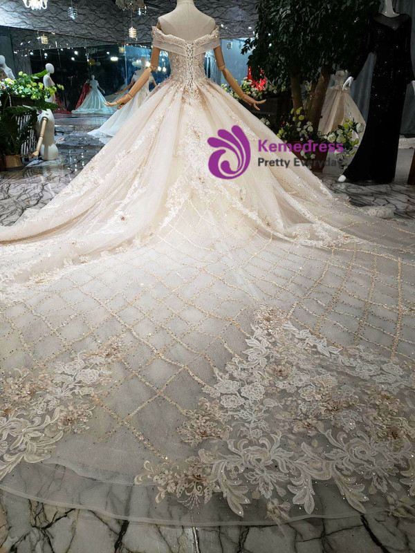 Shop 2019 Long & Short Champagne Tulle Appliques Off The Shoulder Beading Wedding Dress With Long Train With Factory Price From Kemedress