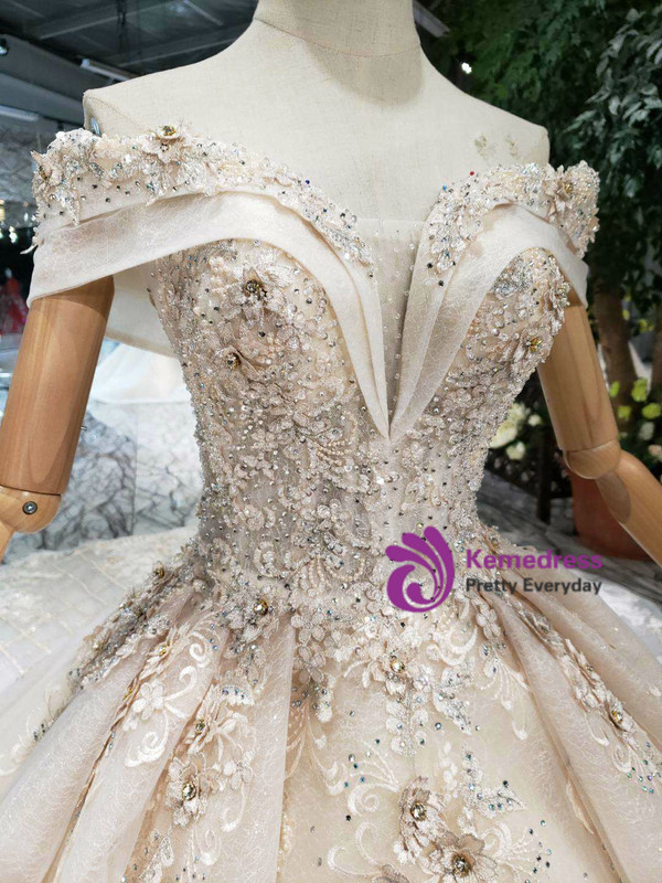 Shop 2019 Long & Short Champagne Tulle Appliques Off The Shoulder Beading Wedding Dress With Long Train With Factory Price From Kemedress