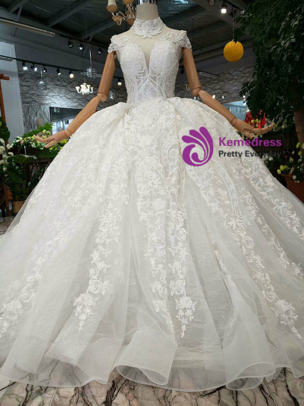 Shop 2019 Long & Short Light Champagne Tulle Lace Appliques High Neck Cap Sleeve Wedding Dress With Factory Price From Kemedress