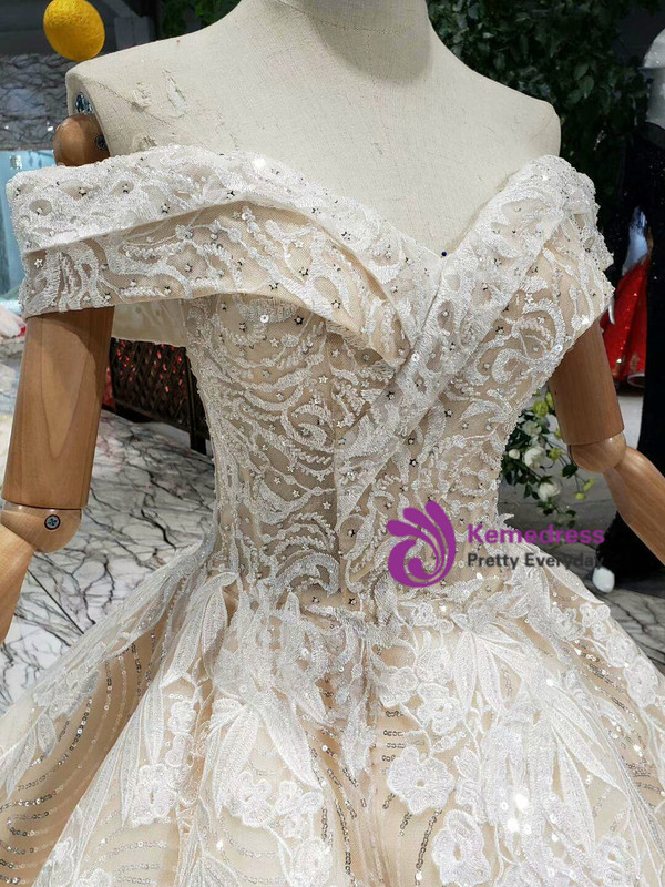 Shop 2019 Long & Short Tulle Sequins Off The Shoulder Appliques Champagne Wedding Dress  With Factory Price From Kemedress