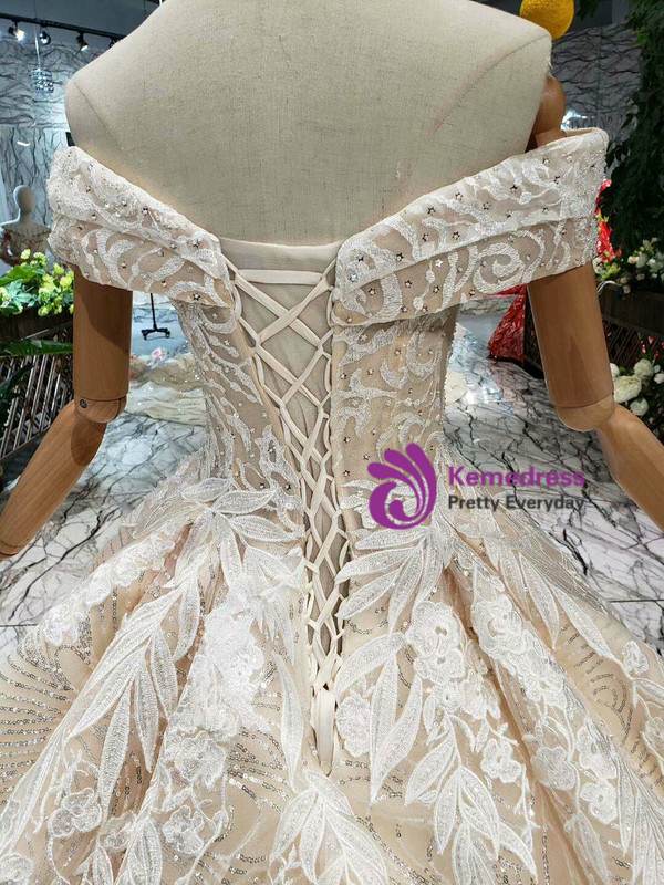 Shop 2019 Long & Short Tulle Sequins Off The Shoulder Appliques Champagne Wedding Dress  With Factory Price From Kemedress