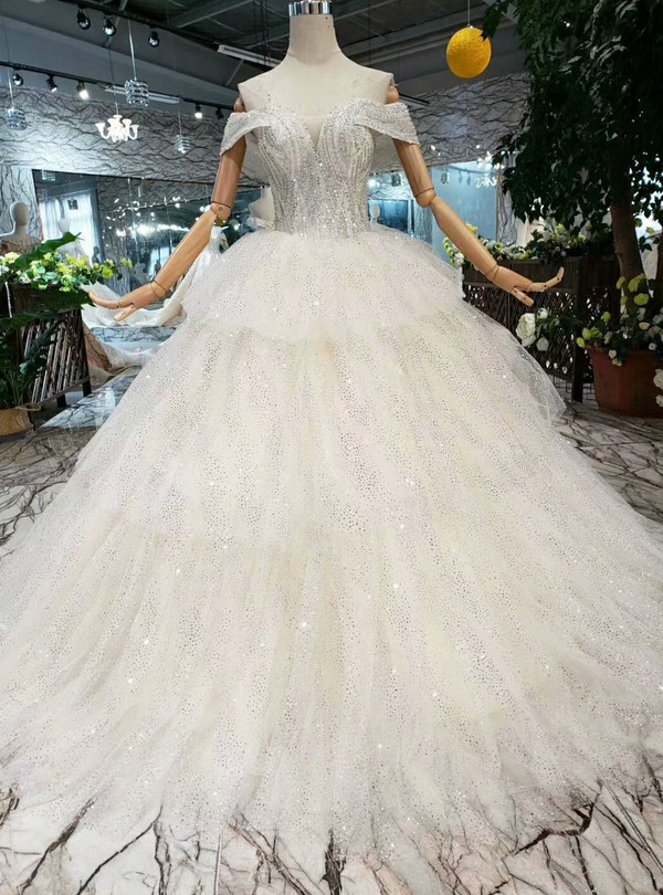 Shop 2019 Long & Short Champagne Ball Gown Tulle Sequins Off The Shoulder Wedding Dress With Beading With Factory Price From Kemedress
