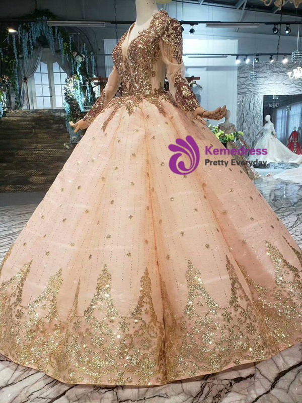 Shop 2019 Long & Short Champagne Ball Gown Sequins Appliques V-neck Long Sleeve Wedding Dress With Factory Price From Kemedress