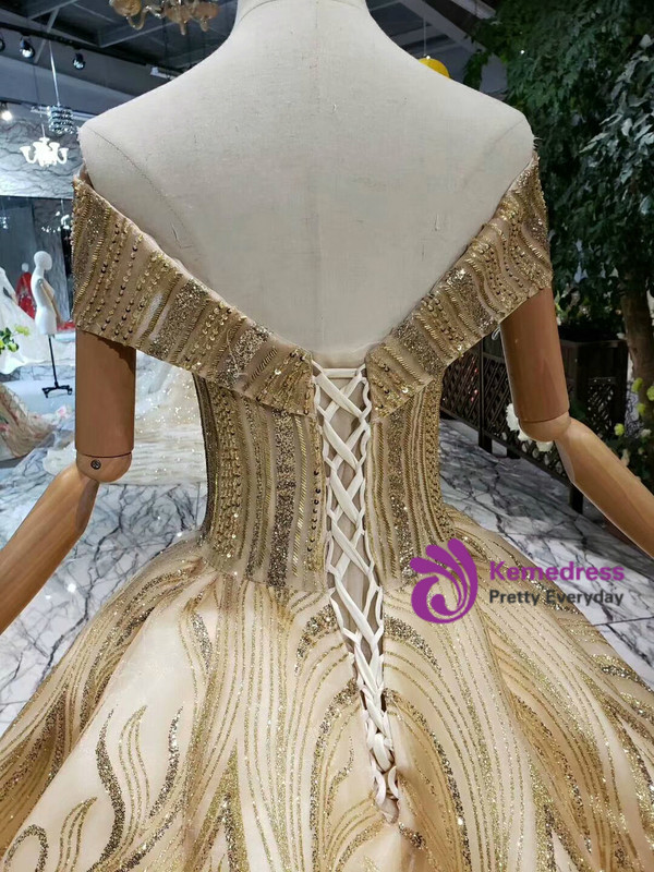 Shop 2019 Long & Short Gold Ball Gown Sequins Off the Shoulder Beading Wedding Dress With Factory Price From Kemedress