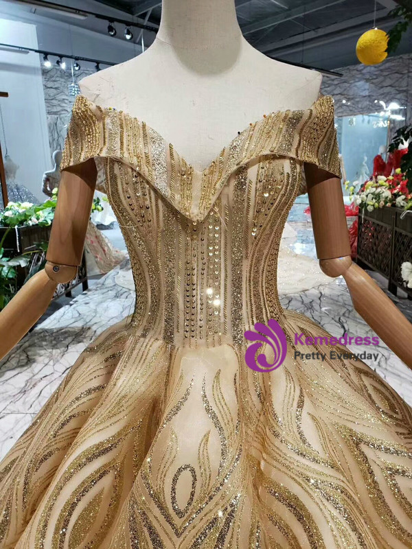 Shop 2019 Long & Short Gold Ball Gown Sequins Off the Shoulder Beading Wedding Dress With Factory Price From Kemedress