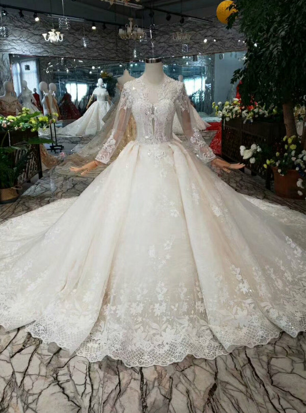 Shop 2019 Long & Short Marvelous Champagne Ball Gown Tulle Lace Appliques Long Sleeve Wedding Dress With Train With Factory Price From Kemedress