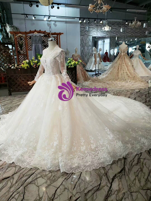 Shop 2019 Long & Short Marvelous Champagne Ball Gown Tulle Lace Appliques Long Sleeve Wedding Dress With Train With Factory Price From Kemedress