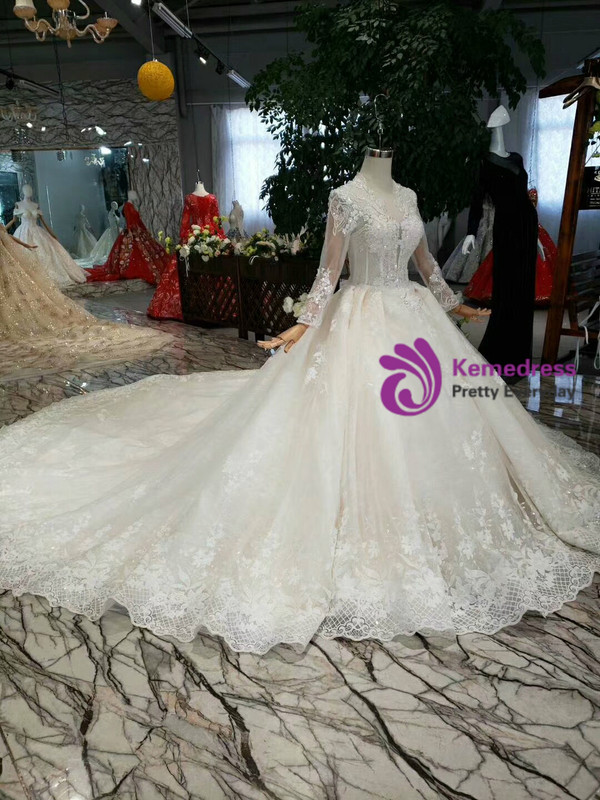 Shop 2019 Long & Short Marvelous Champagne Ball Gown Tulle Lace Appliques Long Sleeve Wedding Dress With Train With Factory Price From Kemedress