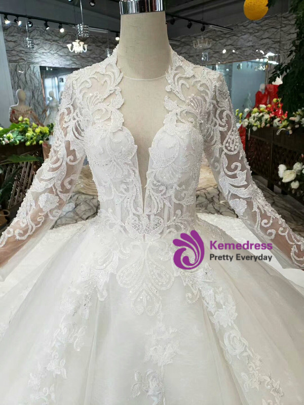 Shop 2019 Long & Short Ivory White Tulle Lace Appliques V-neck Long Sleeve Backless Wedding Dress With Factory Price From Kemedress