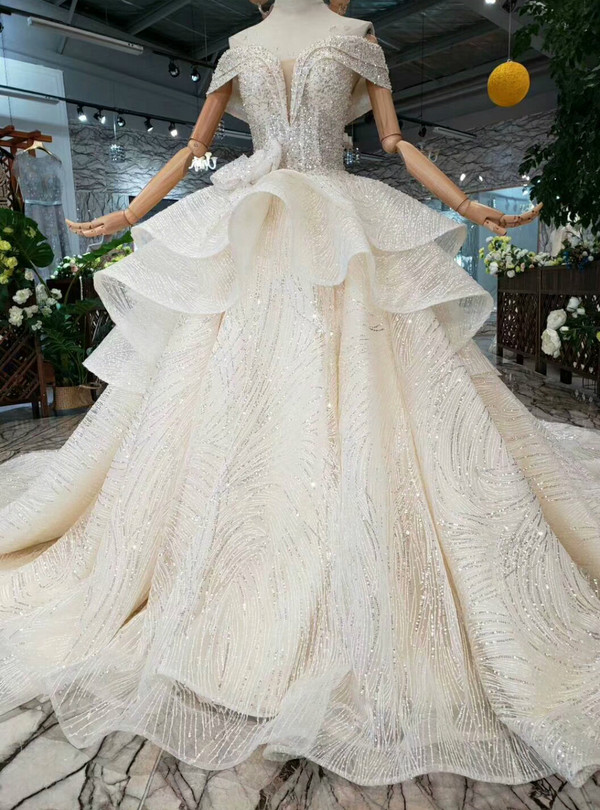Shop 2019 Long & Short Champagne Ball Gown Tulle Sequins Off The Shoulder Wedding Dress With Bow With Factory Price From Kemedress