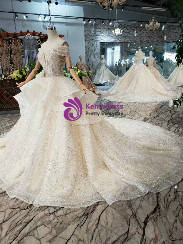 Shop 2019 Long & Short Champagne Ball Gown Tulle Sequins Off The Shoulder Wedding Dress With Bow With Factory Price From Kemedress