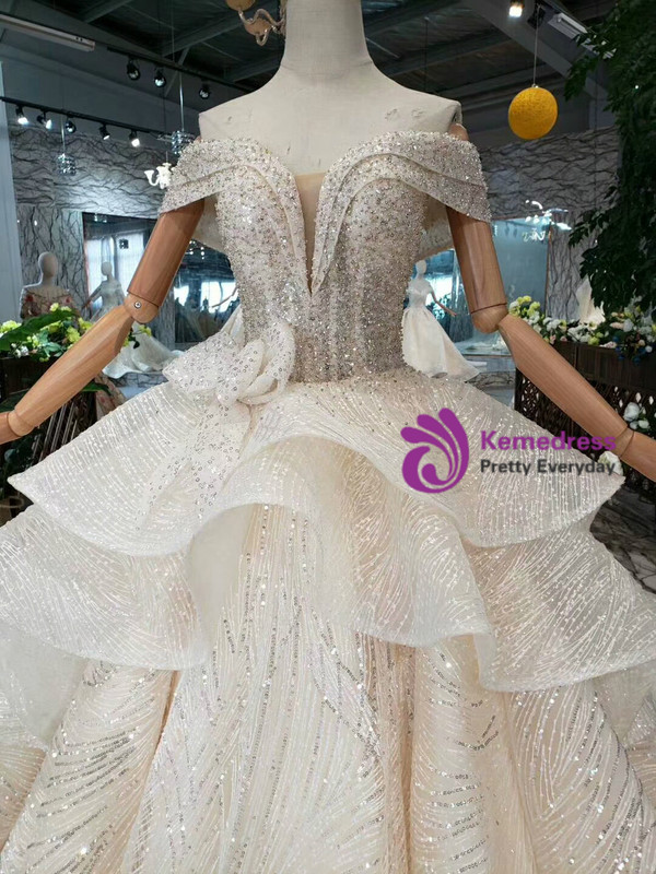 Shop 2019 Long & Short Champagne Ball Gown Tulle Sequins Off The Shoulder Wedding Dress With Bow With Factory Price From Kemedress