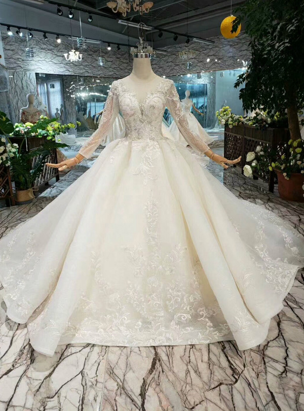Shop 2019 Long & Short Champagne Ball Gown Tulle Appliques Long Sleeve With Beading Wedding Dress With Factory Price From Kemedress