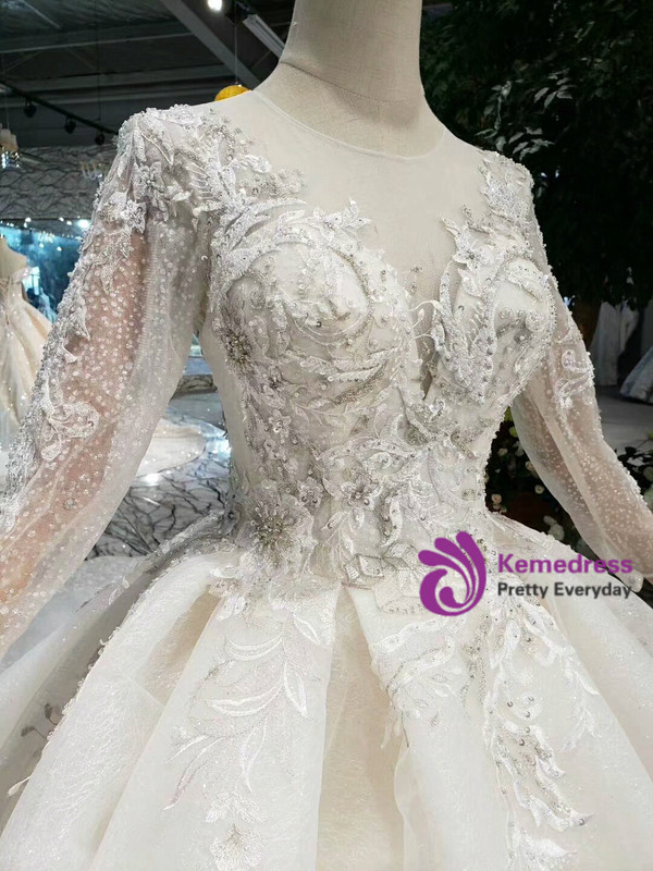 Shop 2019 Long & Short Champagne Ball Gown Tulle Appliques Long Sleeve With Beading Wedding Dress With Factory Price From Kemedress
