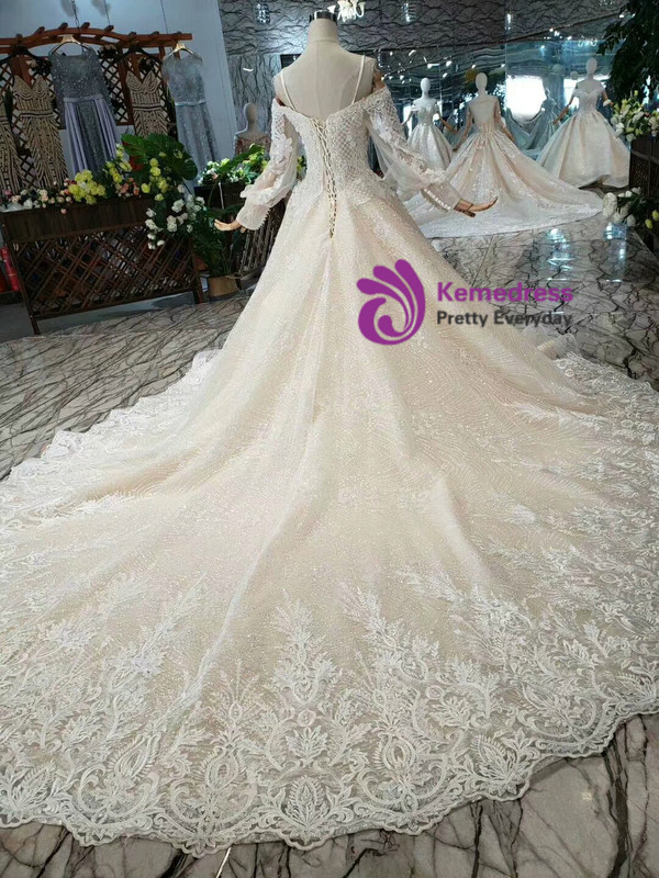 Shop 2019 Long & Short Champagne Ball Gown Tulle Sequins Spaghetti Straps Appliques Wedding Dress With Factory Price From Kemedress