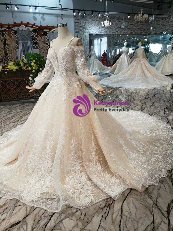 Shop 2019 Long & Short Champagne Ball Gown Tulle Sequins Spaghetti Straps Appliques Wedding Dress With Factory Price From Kemedress
