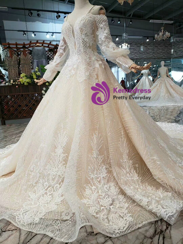 Shop 2019 Long & Short Champagne Ball Gown Tulle Sequins Spaghetti Straps Appliques Wedding Dress With Factory Price From Kemedress