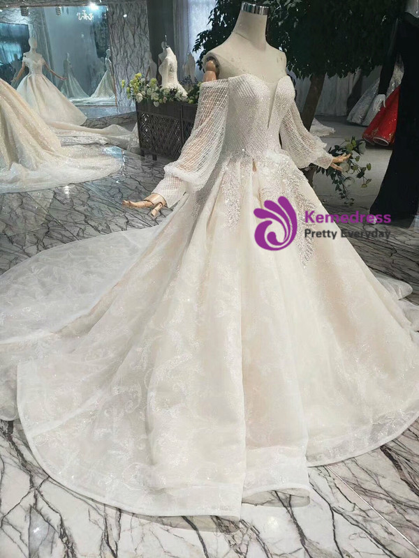 Shop 2019 Long & Short Champagne Ball Gown Tulle Off The Shoulder Long Sleeve Wedding Dress With Factory Price From Kemedress
