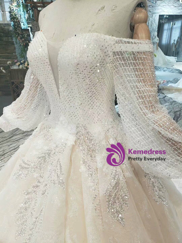 Shop 2019 Long & Short Champagne Ball Gown Tulle Off The Shoulder Long Sleeve Wedding Dress With Factory Price From Kemedress