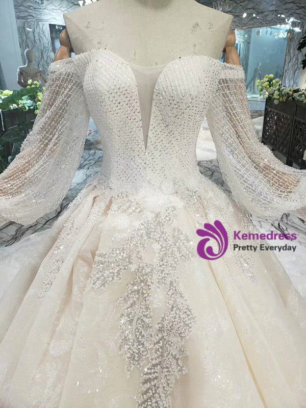 Shop 2019 Long & Short Champagne Ball Gown Tulle Off The Shoulder Long Sleeve Wedding Dress With Factory Price From Kemedress
