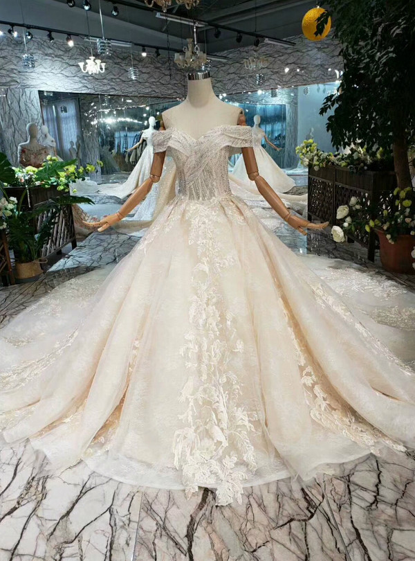 Shop 2019 Long & Short Champagne Ball Gown Lace Appliques Beading Wedding Dress With Long Train With Factory Price From Kemedress
