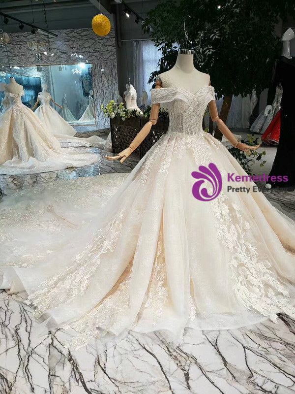 Shop 2019 Long & Short Champagne Ball Gown Lace Appliques Beading Wedding Dress With Long Train With Factory Price From Kemedress