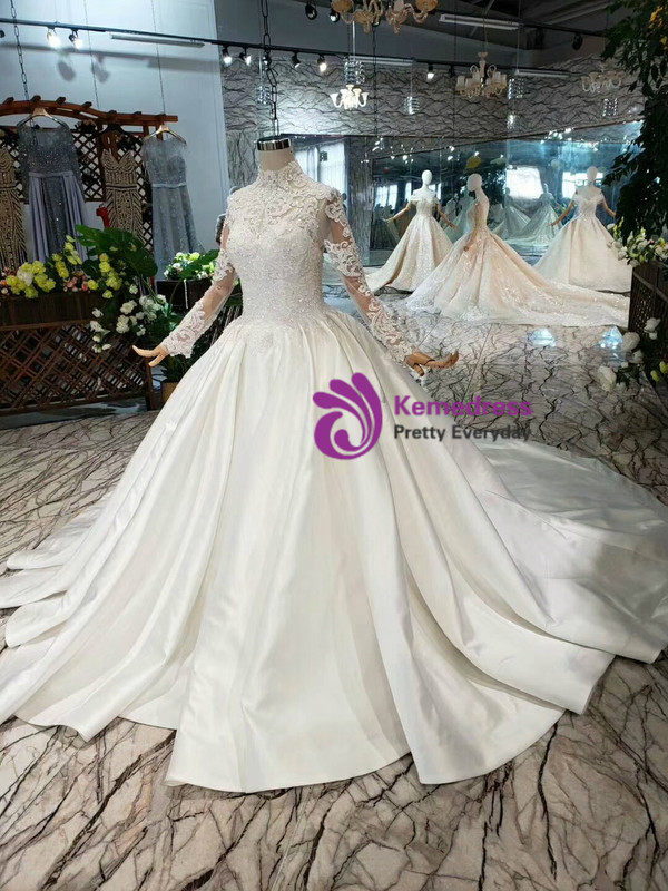 Shop 2019 Long & Short Ivory White Satin Applique High Neck Long Sleeve Beading Wedding Dress  With Factory Price From Kemedress