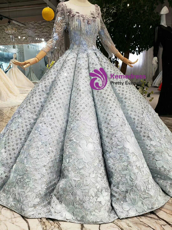 Shop 2019 Long & Short Silver Gray Sequins Long Sleeve Embroidery Appliques Wedding Dress With Beading With Factory Price From Kemedress