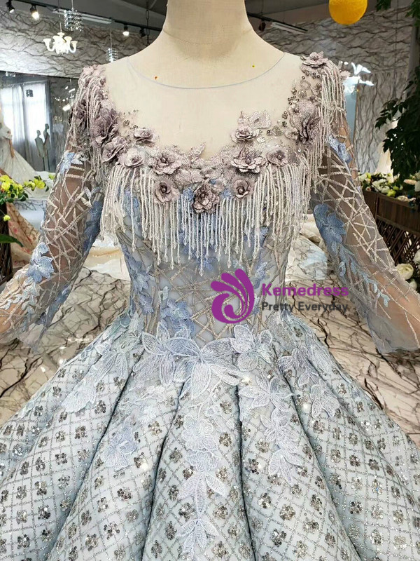 Shop 2019 Long & Short Silver Gray Sequins Long Sleeve Embroidery Appliques Wedding Dress With Beading With Factory Price From Kemedress