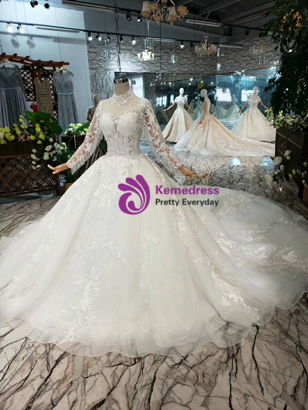 Shop 2019 Long & Short Ivory White Ball Gown Tulle Appliques High Neck Long Sleeve Wedding Dress With Factory Price From Kemedress